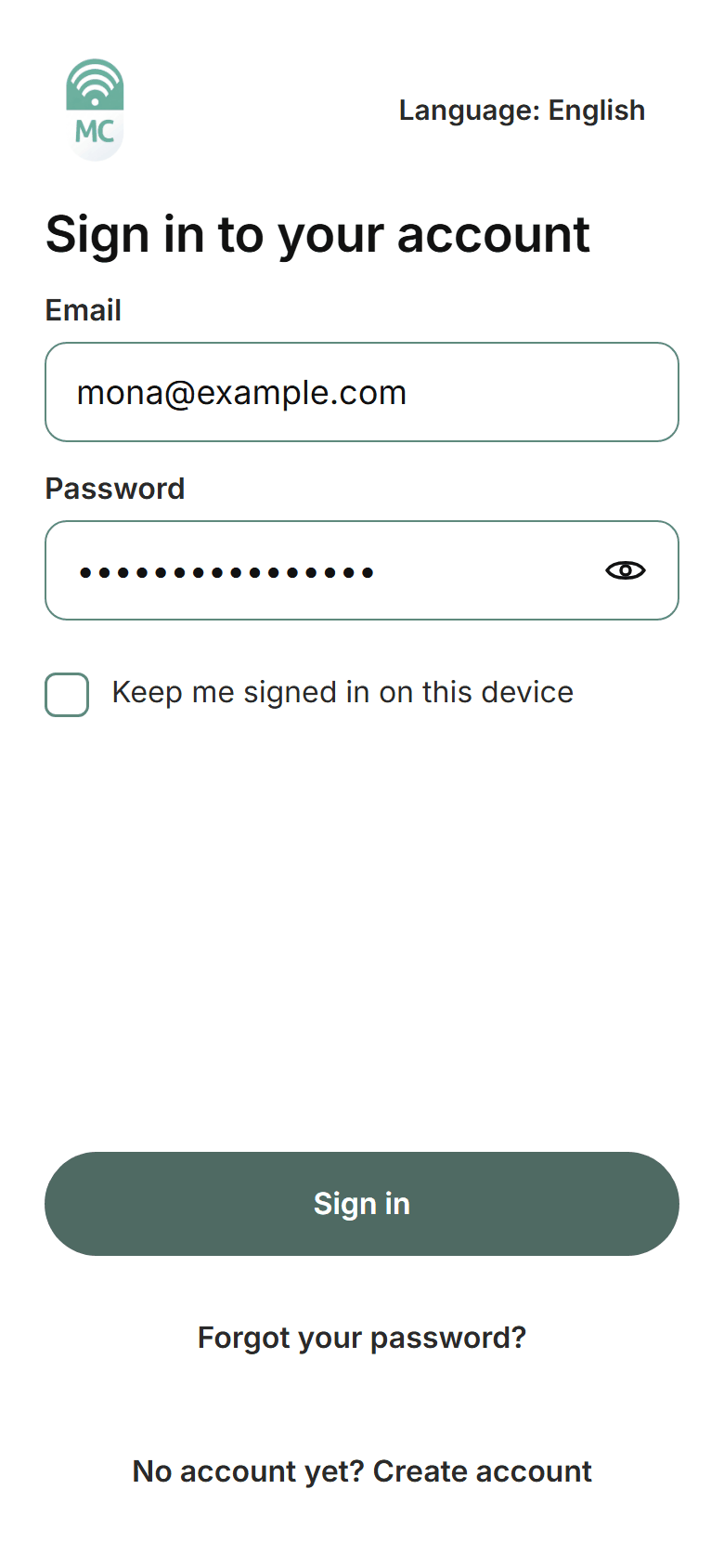 MediCompanion sign in screen: email and password fields, a keep me signed in option and a full-width Sign in button
