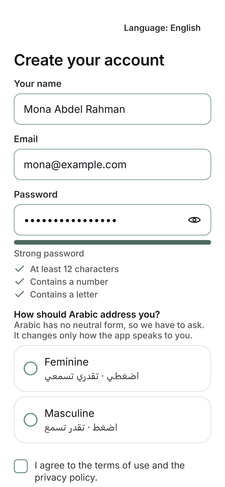 MediCompanion create account screen: name, email, a password strength meter with three ticked rules, and a choice of how Arabic should address you