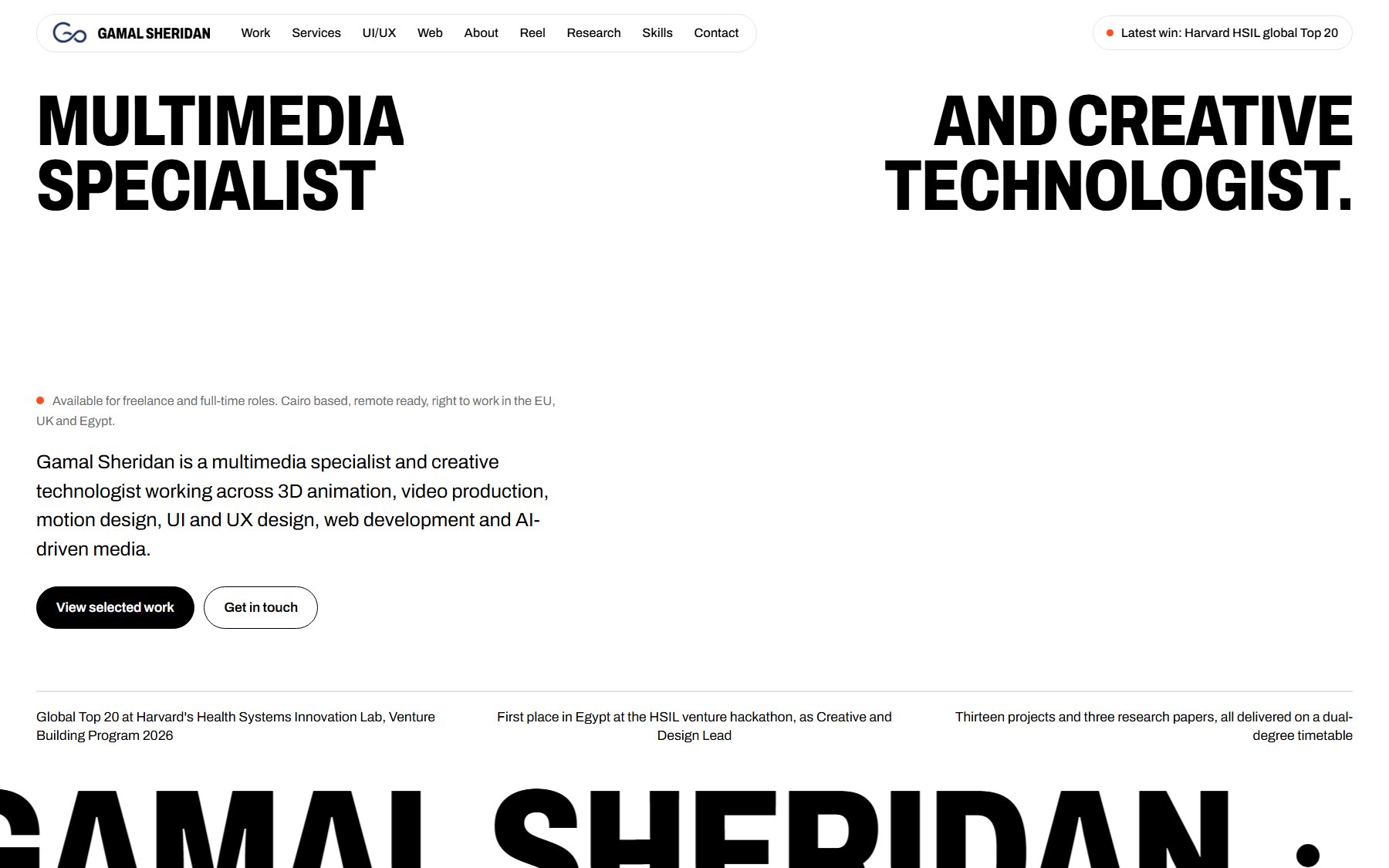 This website on a desktop screen: the pill navigation, the split headline reading Multimedia specialist and creative technologist, the introduction and three key facts