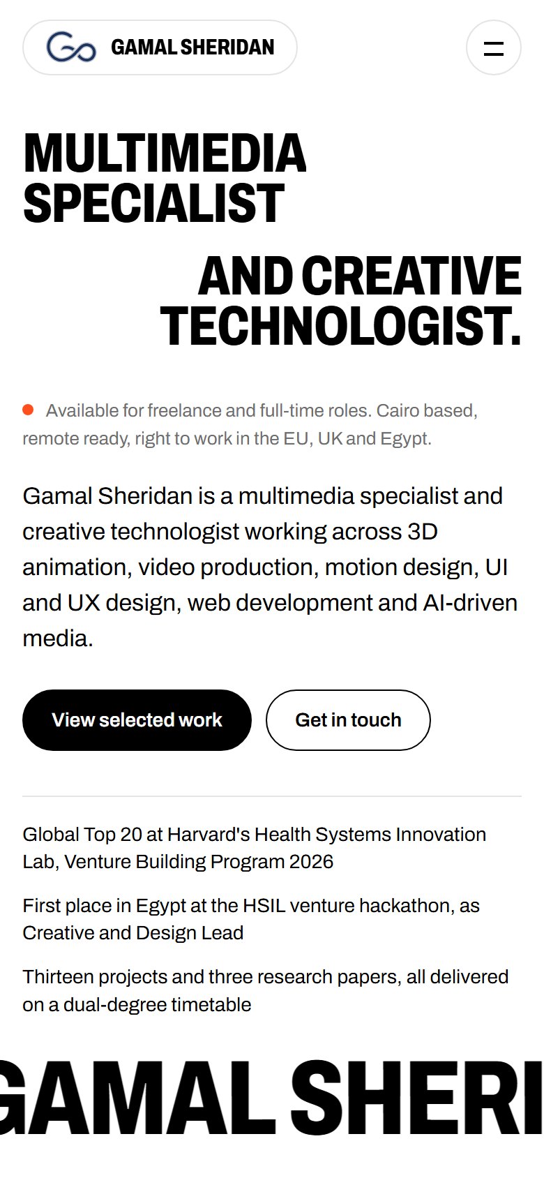 The same first screen on a phone, with the headline stacked and the navigation folded into a menu button