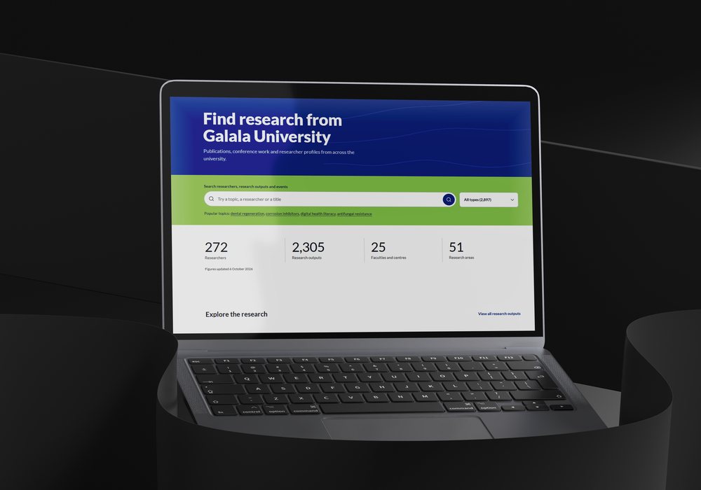 The Galala Scholar home page on a laptop: the heading Find research from Galala University, a search box with popular topics, and four figures for researchers, research outputs, faculties and research areas