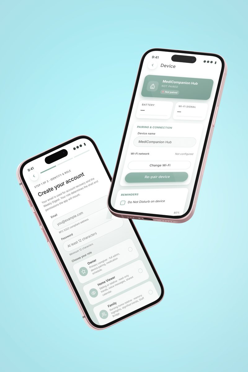 Two phones showing MediCompanion: a create account screen with a choice of role between owner, home viewer and family, and a device screen for pairing the MediCompanion Hub
